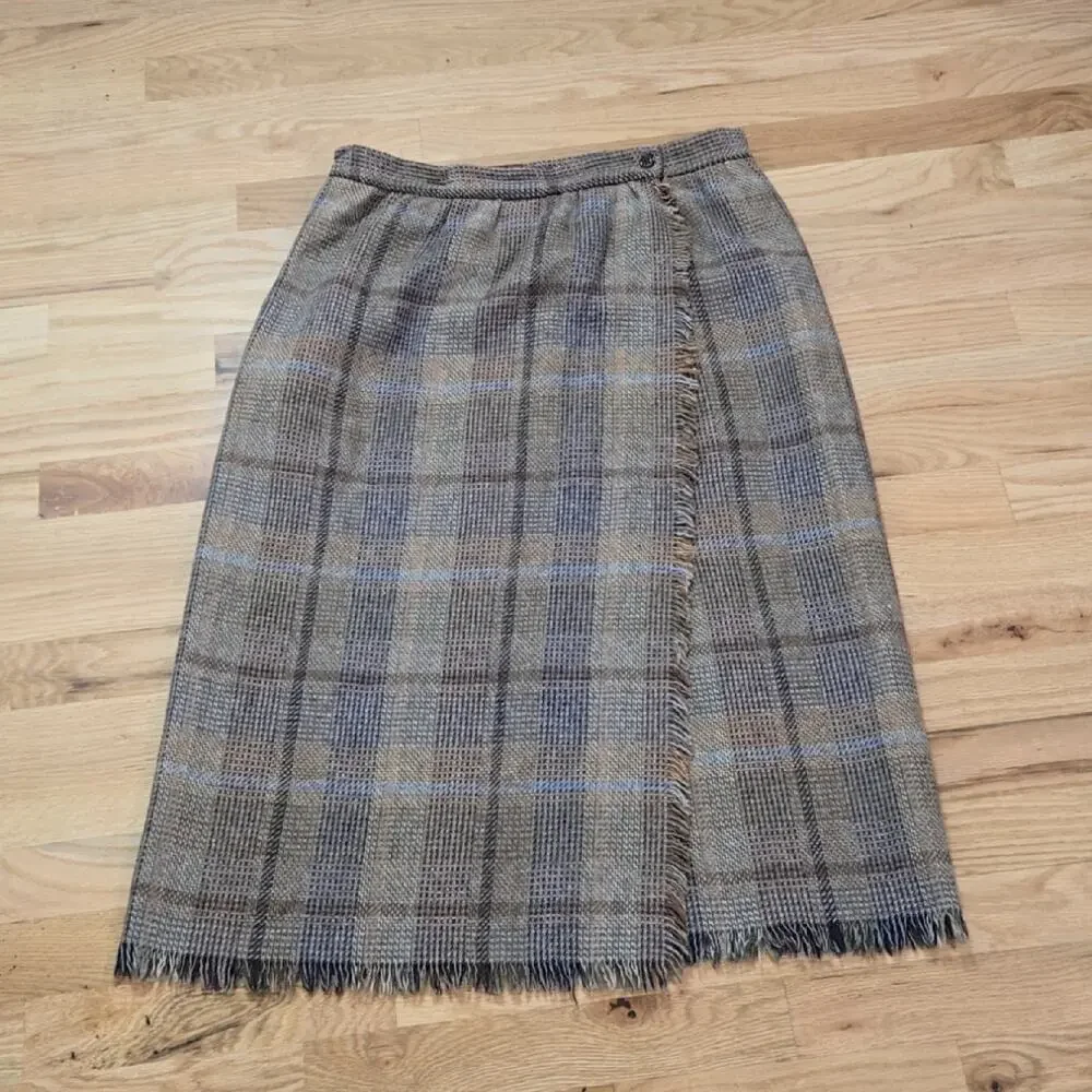 Vintage Parsons Place Wool Blend Plaid Wrap Skirt Fringe Hem size 12